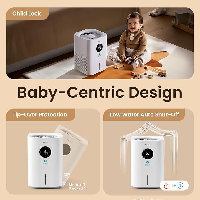 Provirtec Pro Baby Evaporative Humidifier for Bedroom, MistFree & No White Dust, BPA-Free and 16dB Quiet Sleep for Kids, 3 Age-Modes, Auto Control, Tap Water Safe, 4L Easy Clean Tank for Nursery