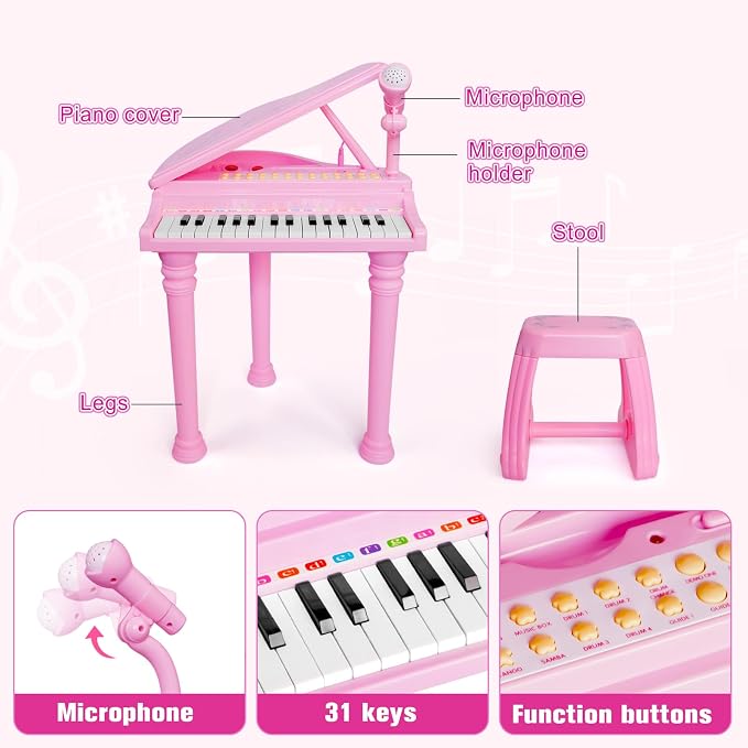 Love&Mini Piano Keyboard Toys for Girls - 31 Keys Kids Toy Piano with Microphone and Stool for Toddler Music Toy for 3+ Years Old Girls Birthday Gift