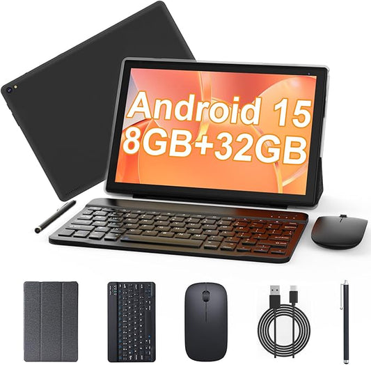 Android 15 Tablet 10 inch, 2 in 1 Tablet with Keyboard, 8GB RAM+32GB ROM Support 1TB Expandable Tablets PC, Quad-Core CPU, HD Screen, BT, WiFi, Long Battery Life Tablets with Case Mouse Stylus, Black