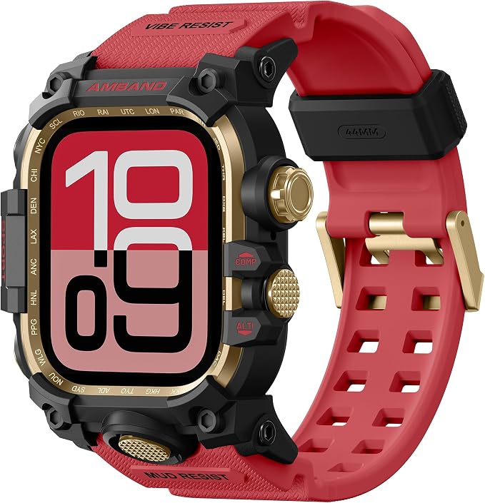 amBand Rugged Case with Band for Apple Watch 44mm, Compatible with iWatch Series SE 3/SE 2nd Generation/SE/6/5/4, Military Grade Shockproof Bumper Cover, Tactical Band for Men, Red
