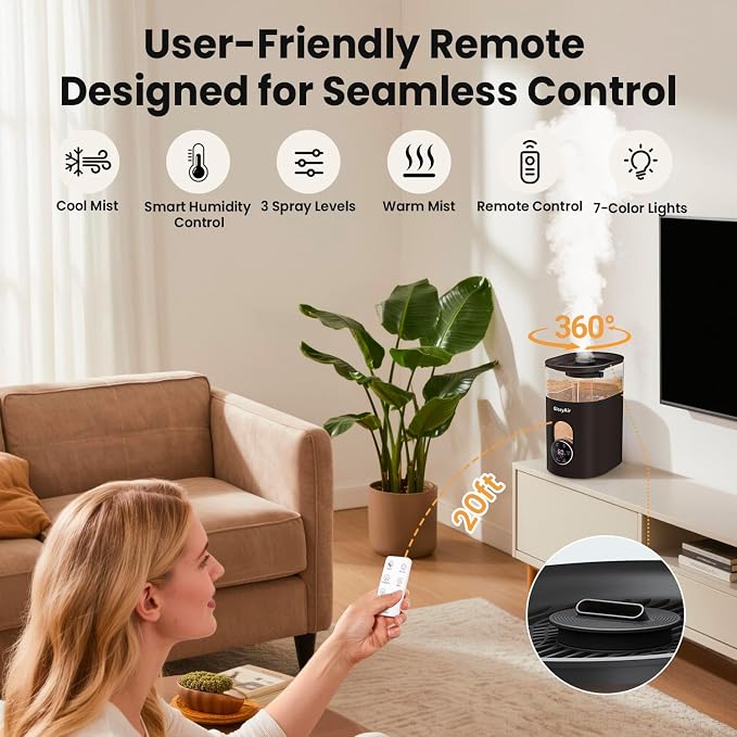 Warm & Cool Mist Humidifier - GloryAir Black 6L Quiet Top Fill Humidifiers for Bedroom Large Room with Smart Humidity Control, Remote Control, 7-Color Light, Humidistat, Oil Diffuser for Baby & Plants