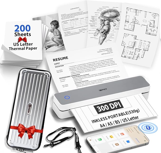 Inkless Portable Printer for Travel, Wireless Thermal Printer with 1 Case and 200pcs Paper Kit Supports 8.5 x 11" US Letter, A4, 610Pro 300DPI Small Bluetooth Printers for Phone Home Office Car, Grey