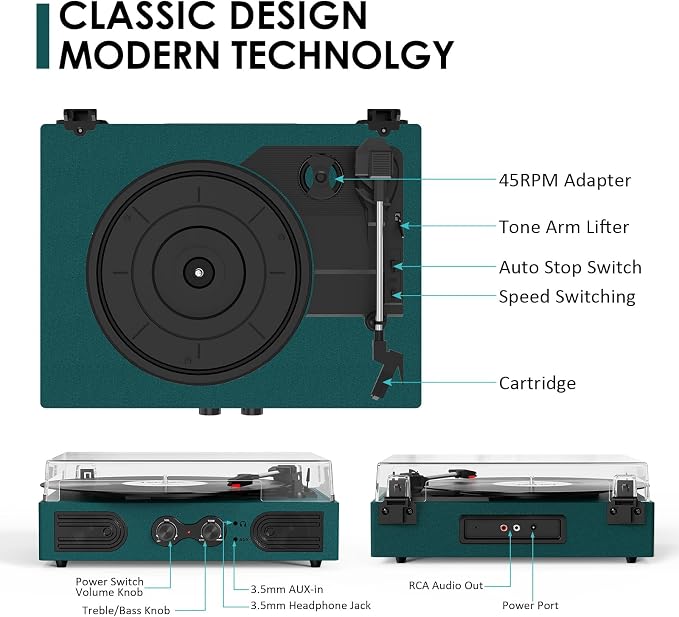 Vinyl Record Player with Built-in Speakers 3-Speed Vintage Record Player Support Treble& Bass Control, 3.5mm Headphone Jack, RCA-Out/Aux in, Belt-Driven LP Turntable,Dark Green