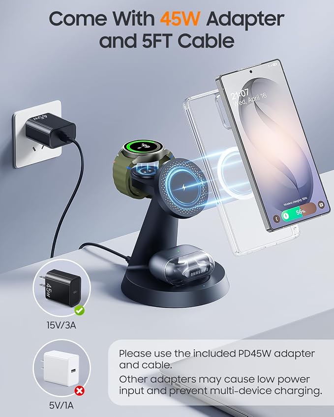 Meifigno Magnetic Wireless Charger for Samsung, 3 in 1 Charging Station Compatible with MagSafe Samsung Charger 25W Max for Galaxy S26 Ultra, Charger Stand for Galaxy Watch Ultra 8 7, with 45W Adapter