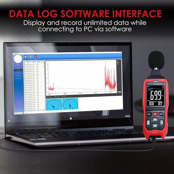Sound Level Meter Data Logger Decibel Meter with Record Function, Portable Noise Meter 30~130dB Sound Meter A/C/Z Weighting Noise Testing with Audible Visual&Alarm, Temperatue, Analog Bar Indicator