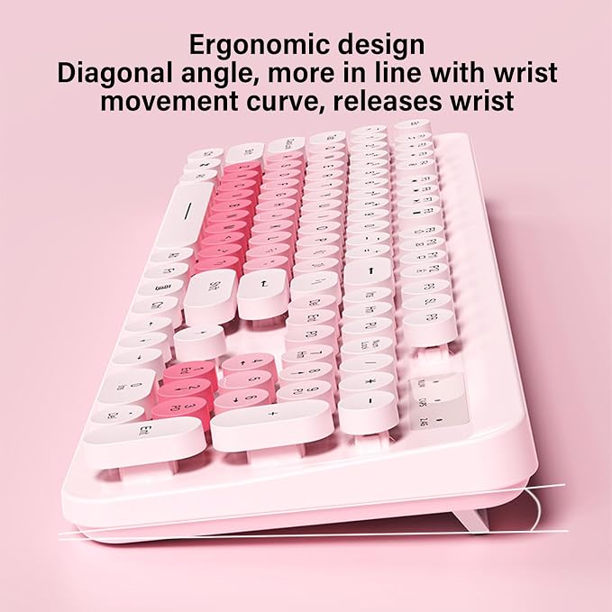 Wireless Keyboard and Mouse Combo, 2.4GHz Plug and Play with Retro Typewriter Style Round Keycaps, 104 Keys with Numeric Pad, for PC Laptop Desktop (Pink)