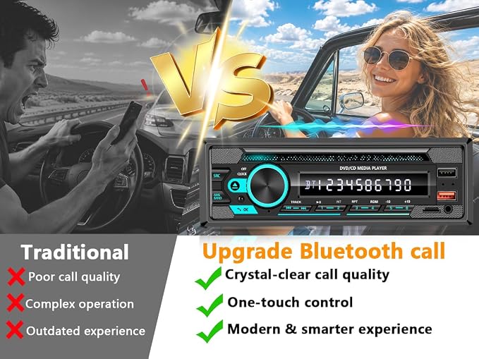 Single DIN CD/DVD Car Stereo with Bluetooth Hands-Free Calling, Push-to-Talk Assistant, FM Car Radio, USB AUX SD Playback, App Control, 7-Color Backlit Display, iOS & Android Compatible
