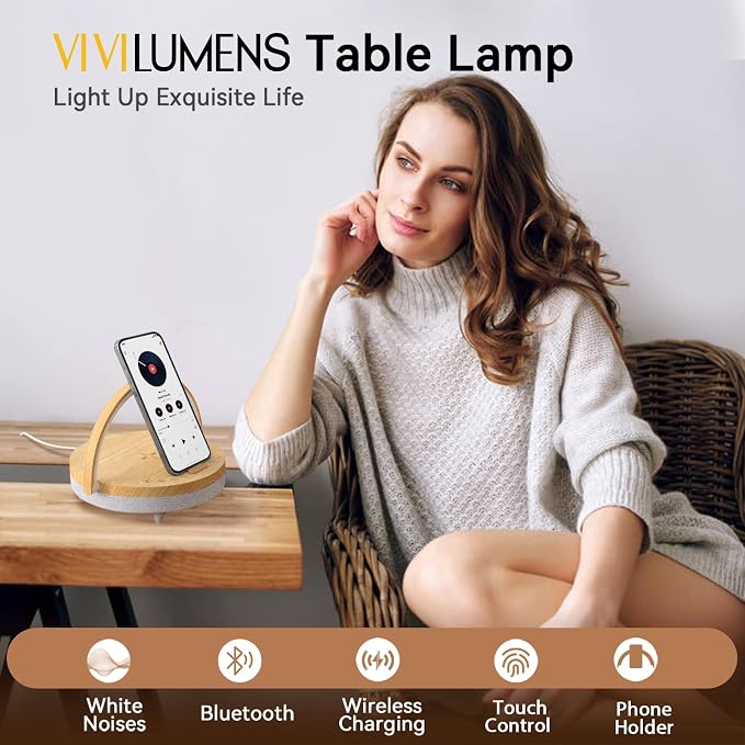 Bedside Table LED Night Light with Wireless Charger and Bluetooth Speaker, Desk Lamp As Sleep Aid White Noise Machine and Phone Holder, Great Birthday Gifts for Girlfriend, Women（Music Upgrade）