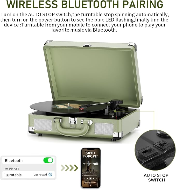 Vinyl Record Player 3-Speed Bluetooth Suitcase Portable Belt-Driven Record Player with Built-in Speakers RCA Line Out AUX in Headphone Jack Vintage Turntable,Aegean Green