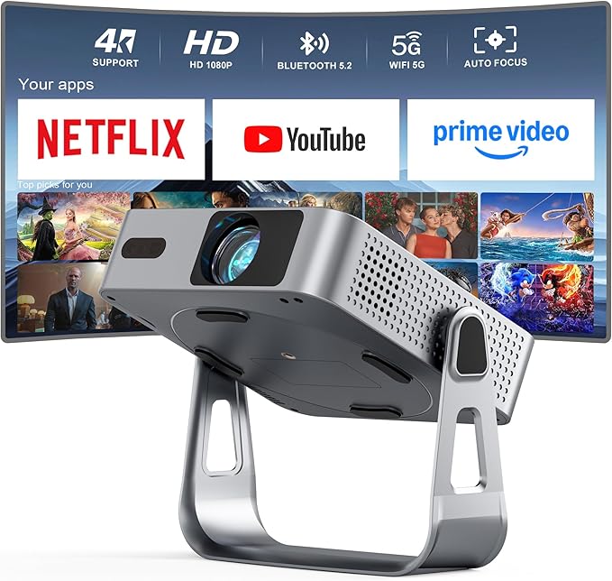 【Officially-Licensed APP & 1800ANSI】Smart Mini Projector with WiFi and Bluetooth, VISSPL Native 1080P Auto Focus & Keystone Portable Outdoor Projector, 4K Support Home Movie Projector Sliver