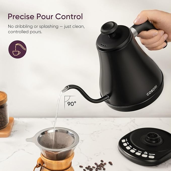 Cosori Electric Gooseneck Kettle with 5 Temperature Control Presets, Pour Over Kettle for Coffee & Tea, Hot Water Boiler, 100% Stainless Steel Inner Lid & Bottom, 1200W, 0.8L, Black