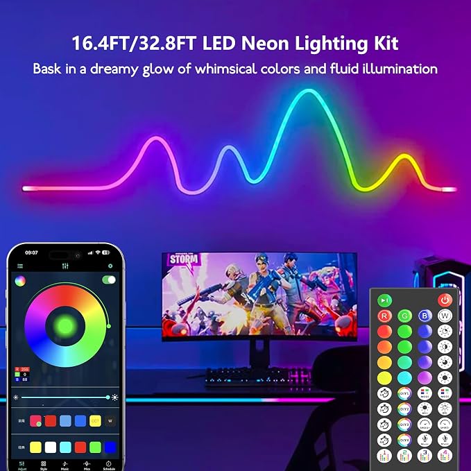16.4FT 5M Addressable Neon Rope Light, WS2811 RGB LED Chasing Digital Strip Lights MagicRGB Waterproof Silicone Rope Music Sync DIY Design APP Control Dream Color for Gaming Room Wall Decor