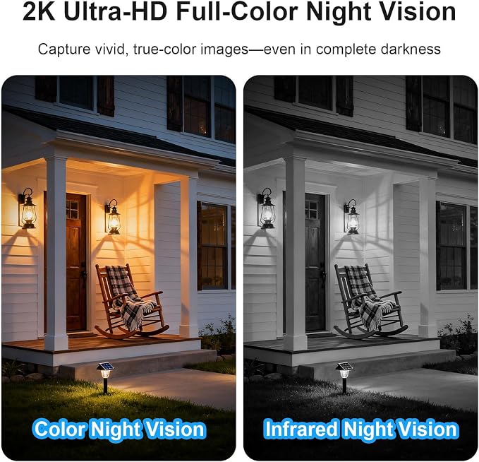 Solar Security Cameras Wireless Outdoor, Free Cloud Storage, WiFi Cameras for Home Security, 360° View Outdoor Camera Wireless, 2K Color Night Vision, AI Motion Detection, Instant Alert, 2-Way Audio