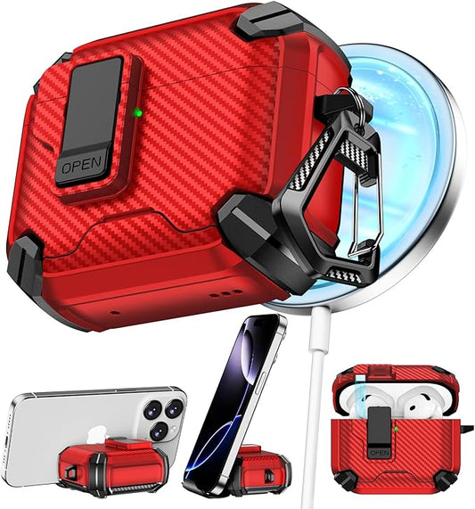 Pohgelan Compatible with AirPods 4 Case,Magnetic Automatic Lock with Phone Stand & Cleaning Kit,Compatible with Magsafe,Carbon Fiber Texture Cover -Red