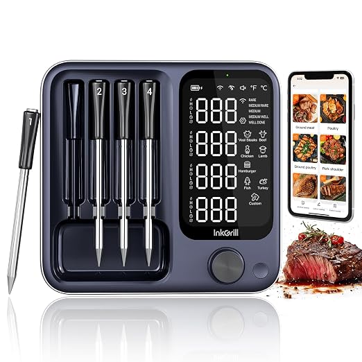 4-Probes Smart Wireless Meat Thermometer with WiFi & Bluetooth, Digital Meat Thermometer for Smoker, Oven & BBQ, Rechargeable Magnetic Base, Large Digital Backlit Screen