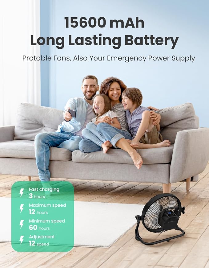 10" Portable Battery Operated Floor Fan, Cordless Rechargeable Fan, Hi-Velocity Wireless Fan, USB Phone Charge, 12-60H Runtime, Quiet, For Camping Tent Home Gym Shed Outdoor Garage Barn Travel