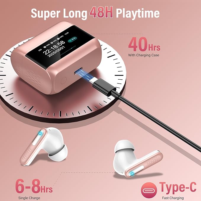 Wireless Earbuds with Touch Screen, Bluetooth 5.4 Headphones, ANC/ENC Noise Cancelling, 48H HiFi Stereo Bluetooth Ear Buds with 5 EQ Modes, Transparency Mode, IPX7 Earphones, Rosa