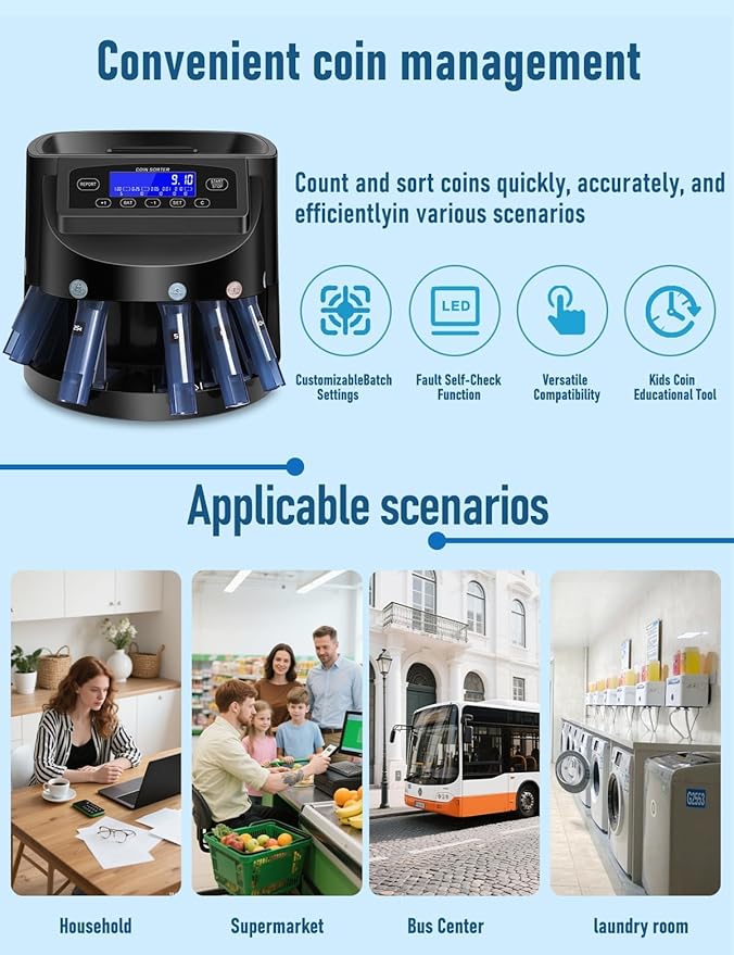 Coin Counter and Dollar Coin sorter with LCD Display, 300-coin Capacity, Supports Multiple Coin Types, Equipped with Sorting and Packaging Machine for Fast and Accurate Sorting (Coin Counter)
