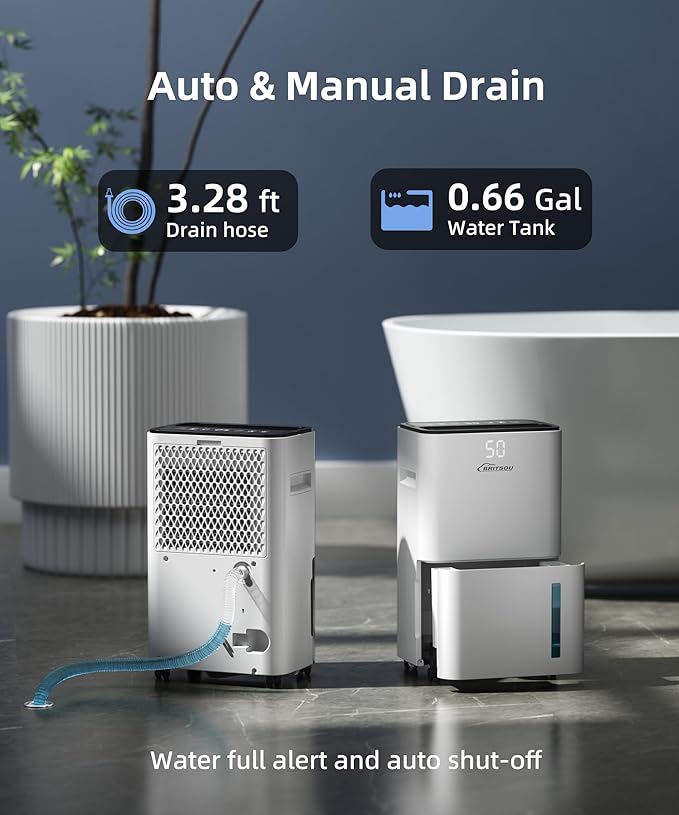 34 Dehumidifier for Basement and Bedroom, Covers 3500 Sq.Ft with Drain Hose, Smart Operation with 3 Modes - Ideal for Home, Bathroom, Garage.