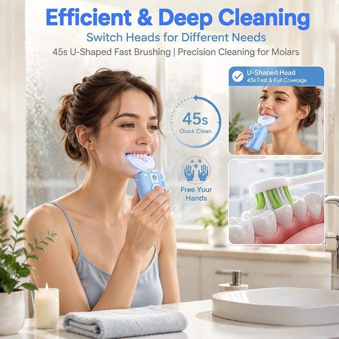 Adult Ultrasonic Electric Toothbrush, 360° Oral Cleaning for Stain & Whitening, IPX7 Waterproof Rechargeable, U-Shape Brush Head×3 + Straight Handle Brush Head×2