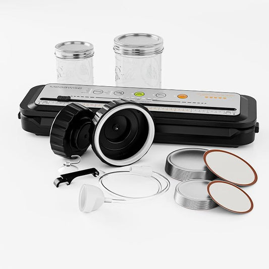 MEGAWISE Food Sealer w/Premium Kit with Accessory Hose for Wide and Regular Mouth Sealer, Dry & Moist Food Modes, Compact Design with 10 Vacuum Bags & 20 Mason Tin Lids. (Premium)