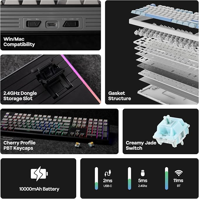 EPOMAKER TH108 Full Size Mechanical Keyboard, Wireless Gaming Keyboard with 8000mAh Battery, Creamy Gasket, 108 Keys, Hot Swap, Custom Driver, RGB Backlight (Black, Creamy Jade)