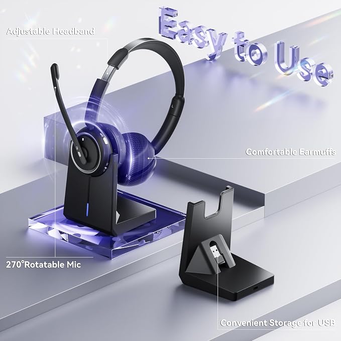 Wireless Headset with Mic for Work, Bluetooth Headset with Noise Canceling Mic & Charging Base, Wireless Headphones with Mic for Remote Workers/Call Center/PC/Laptop/Computer/Home/Office/Zoom/Teams