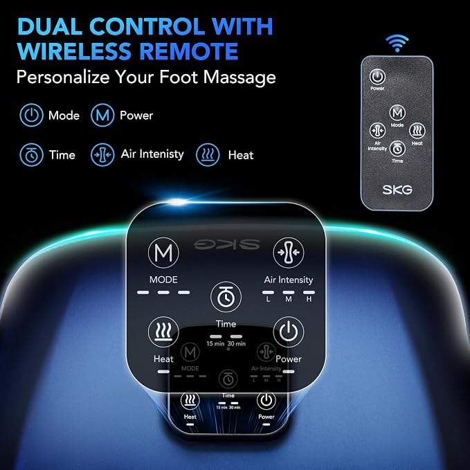 SKG YS100 Shiatsu Foot Massager with Heat and Remote, Feet Massager with 3 Air Compression Modes, for Plantar Fasciitis, Fits up to Size 13 for Men Women Dad Gifts