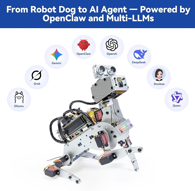 SunFounder PiDog AI Robot Dog Kit for Raspberry Pi 5/4/3B+/Zero 2W, Openclaw LLMs ChatGPT/Gemini/Grok, Voice&Video Recognition, Python, App, Gyroscope, Camera (RPI NOT Included)