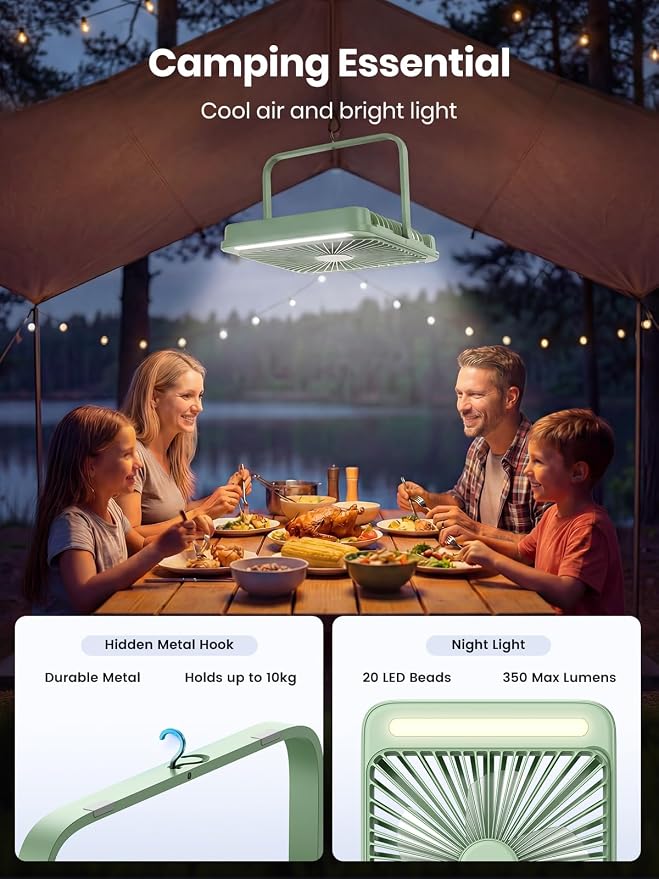 Warmco D4 Battery Powered Camping Fan 20000mAh, LED Lantern | Up To 48H Runtime, Ultra-Slim Quiet 8-Inch Fan, Digital Display & Hook For Tent, Bedroom, Outdoor & Travel