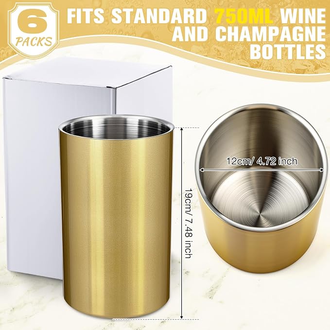 Potchen 6 Pack Wine Chiller Bucket Wine Bottles Cooler Bulk, Stainless Steel Double Wall Insulated Champagne Ice Bucket for Parties,Fits for 750 ml Bottles (Gold)
