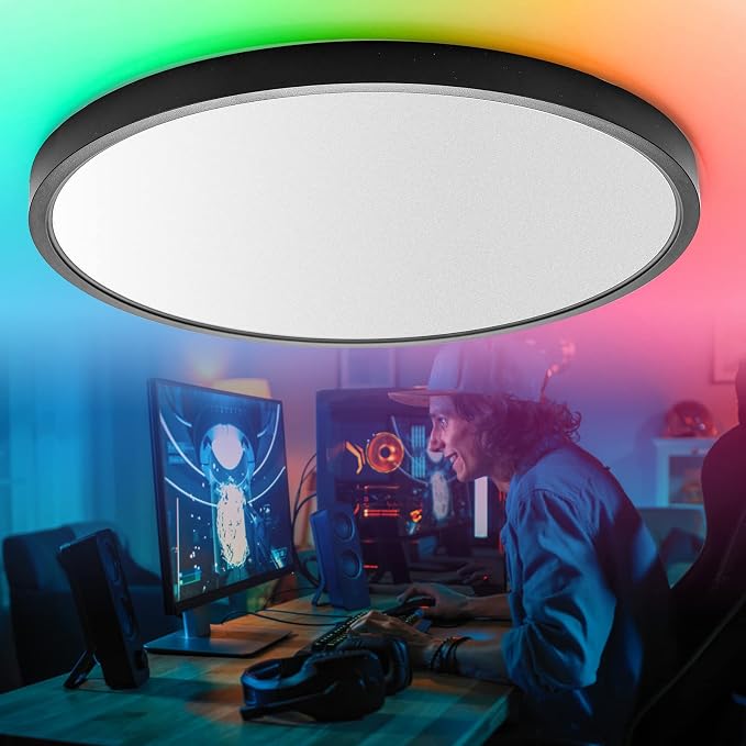 TALOYA Smart Ceiling Light Flush Mount LED WiFi, Compatible with Alexa Google Home, Black Dimmable Low Profile Ambient Light Fixture for Bedroom Living Room,12 Inch 24W