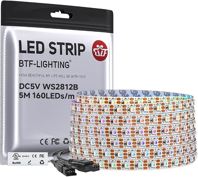 BTF-LIGHTING WS2812B IC RGB 5mm Ultra Narrow LED Strip 2020SMD DC5V Individually Addressable 16.4FT 160Pixels/m 800LED Dream Color Tape Light for Home DIY Decoration IP30 (No Adapter or Controller)