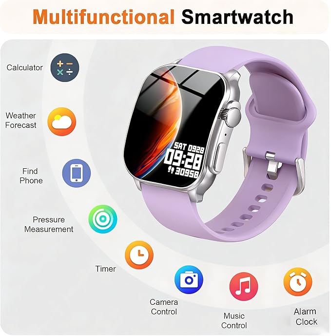Smart Watch, 2.01" AMOLED Curved HD Full Touch Screen, Compatible with iOS & Android for Daily Workout Business Gift, Fitness Tracker with 24/7 Heart Rate/Sleep Monitor, IP68 Waterproof Watch Purple