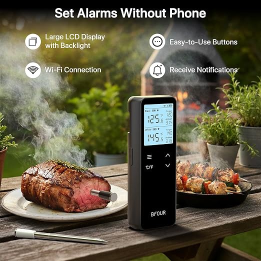 BFOUR Bluetooth Wireless Meat Thermometer with Smart Standalone Base, WiFi Unlimited Range, Dual Probes & 6 Precision Sensors, IP67 Waterproof Meat Probe Thermometer for Smoker, BBQ, Oven, Grill