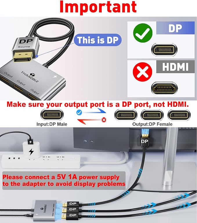 DisplayPort Splitter for Multi Monitor Extended Display, 4K 60Hz 3xDP MST Hub Display Port to 3 Display Port 1 in 3 Out Adapter for NVIDIA, AMD, PC, Windows