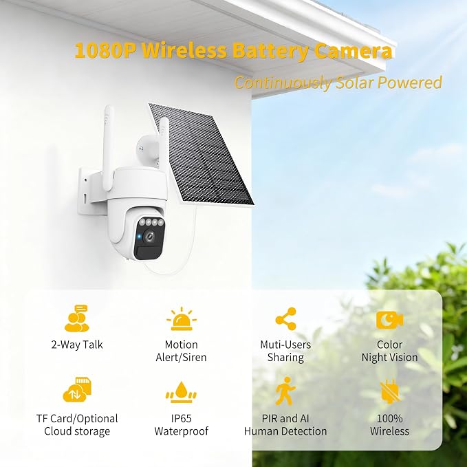 WY-LINK Solar Camera Outdoor Wireless, 360° Cameras for Home Security, Two-Way Talk, Auto Tracking, Light Alarm, Color Night Vision (1, White, Wi-Fi)