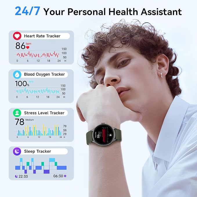 Smart Watches for Women Men, 1.27" Round Fitness Watch for Android iPhone with Bluetooth Calls (Make/Answer), AI Voice Command, Heart Rate/SpO2/Sleep Monitor, 12 Days Battery, IP68 Waterproof