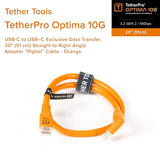 Tether Tools TetherPro Optima 10G USB-C to USB-C Data Transfer Cable, 20″ Straight to Right-Angle “Pigtail” Adapter, High Visibility Orange – Tethering Cable for Photographers & Digital Techs