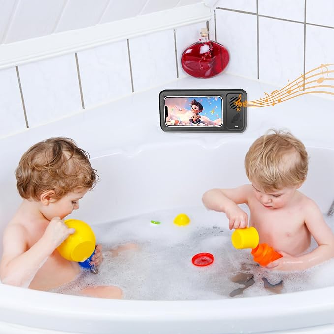 Shower Phone Holder with Wireless Bluetooth Speaker , 480° Rotation Retractable Adjustable Shower Case for iphone ,Bathroom Wall Phone Mount Stand WaterProof Anti Fog,Compatible with All 4-7"Cellphone