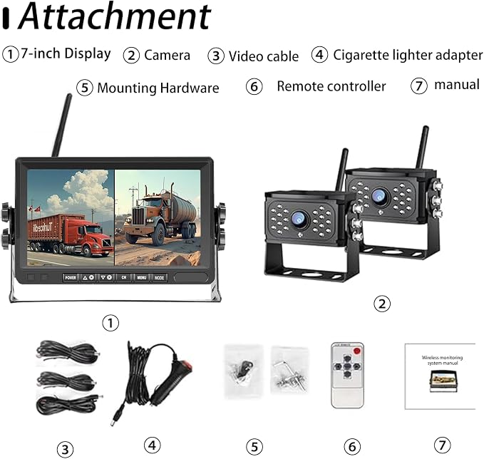 Wireless Backup Camera – Plug & Play, Pre-Wired for Furrion, 4-Channel Split-Screen, 1080P HD 7" Monitor, Wide View & Night Vision & Recording, for Trailer/Camper/Motorhome (2 Camera)