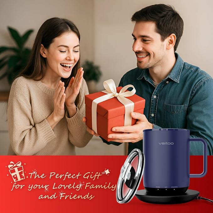 VSITOO S3 Plus 14oz Self Heating Coffee Mug with Auto-Sensing AI - Smart Rechargeable Heated Mug, Temperature Control 120-150℉, IPX7 Waterproof, Coffee Warmer Gift for Women Men-Blue