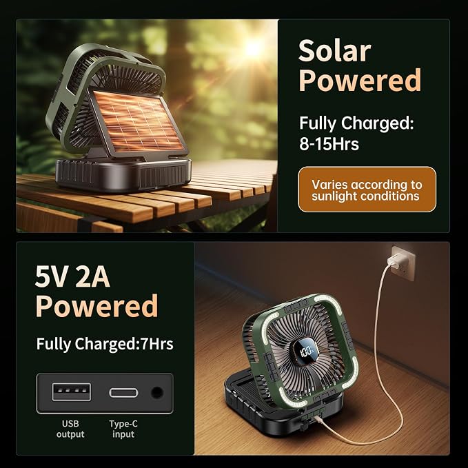 KIMMOO Solar Camping Fan with Light-10000mAh Rechargeable Portable, 6 Speeds, Digital Display, Timer, 120° Oscillation, Cordless Battery Powered Fan for Home Outdoor Tent Travel BBQ Fishing (Green)
