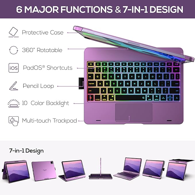 typecase Touch Keyboard Case for iPad Air 11-inch(M4/M3/M2, 2026/2025/2024) & iPad Pro 11(4th/3rd/2nd/1st Gen),Multi-Touch Trackpad,11-Color Backlight,360°Rotatable for iPad Air 5/4th Gen, Violet