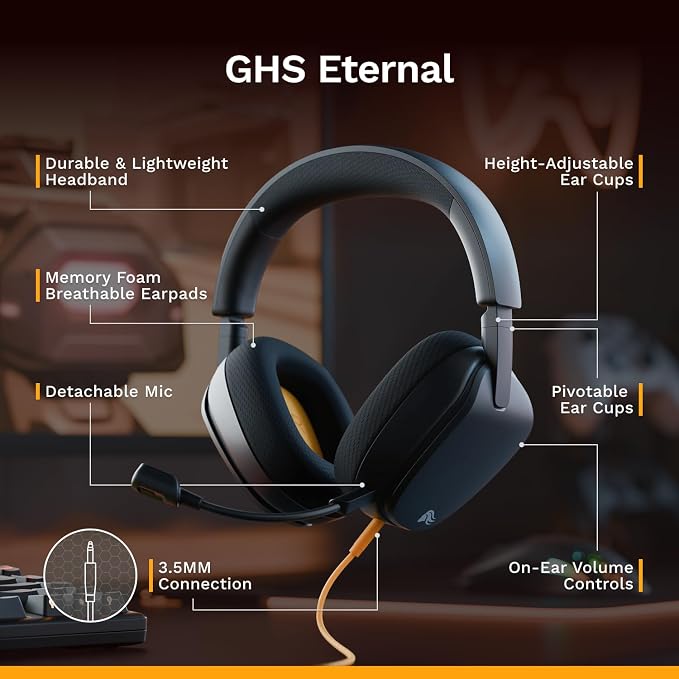 GLORIOUS GHS Eternal - Stereo Gaming Headset for PC, PS5, PS4, Xbox, Switch - Custom Tuned Angled Drivers, Adjustable Crystal Clear Detachable Mic, 3.5mm - Durable, All Day/Night Comfort - Black
