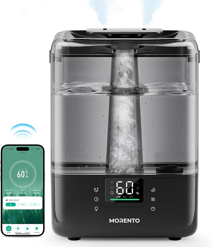 MERONTE Smart Humidifiers for Bedroom Large Room Home, 6L Cool Mist Top Fill Humidifier with Essential Oil Diffuser, Smart App & Voice Control, for Nursery & Plants, Black, 1 Pack + 7 Color NightLight