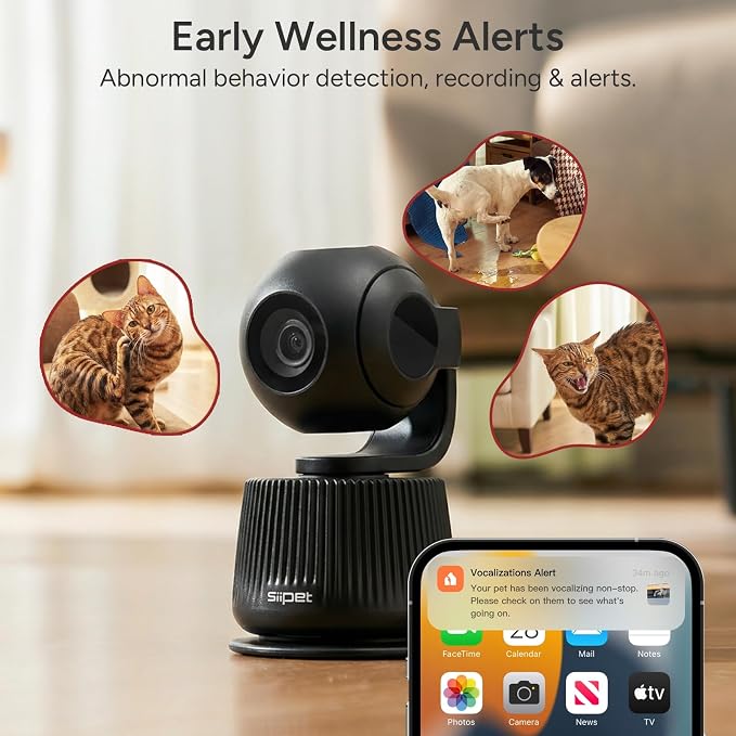 PawTrack 4K Pet Camera with Auto Tracking, 360° Pan/270° Tilt, Behavior Alerts & Smart Pet Vlog & Two-Way Audio, Privacy Mode, Multi-Pet ID, 1080p Daily Recording Smart Pet Monitor