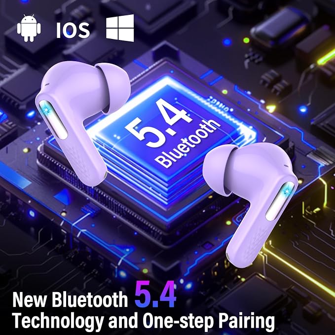 Wireless Earbuds with Touch Screen, Bluetooth 5.4 Headphones, ANC/ENC Noise Cancelling, 48H HiFi Stereo Bluetooth Ear Buds with 5 EQ Modes, Transparency Mode, IPX7 Earphones, Purple