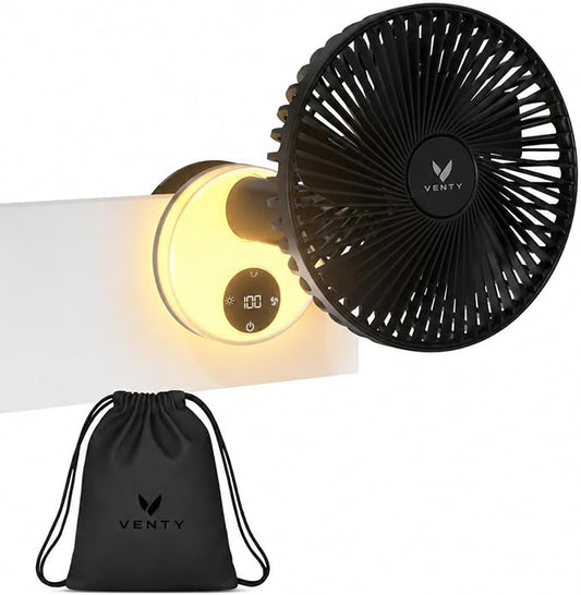 VENTY Portable Clip Fan - Rechargeable 10-Hour Battery Portable Fan - 360° Rotation & 90° Tilt - Stroller, Desk or Bedside - Aromatherapy & LED Light - USB-C cable & Carrying Pouch