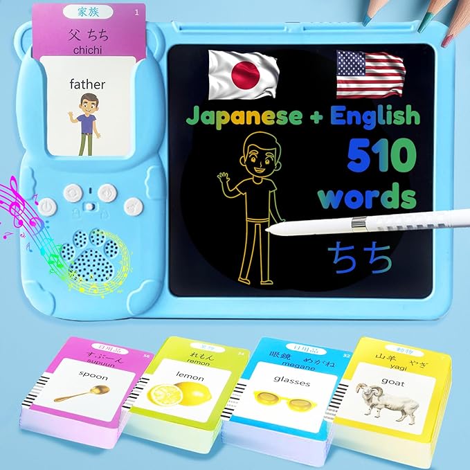 Drawing Tablet with Bilingual Flashcards for Kids - Japanese English Talking Flash Cards, LCD Writing Pad Board, Pocket Speech for Toddlers, Learning Toy Gift for Boy Girls (Japanese, Blue)